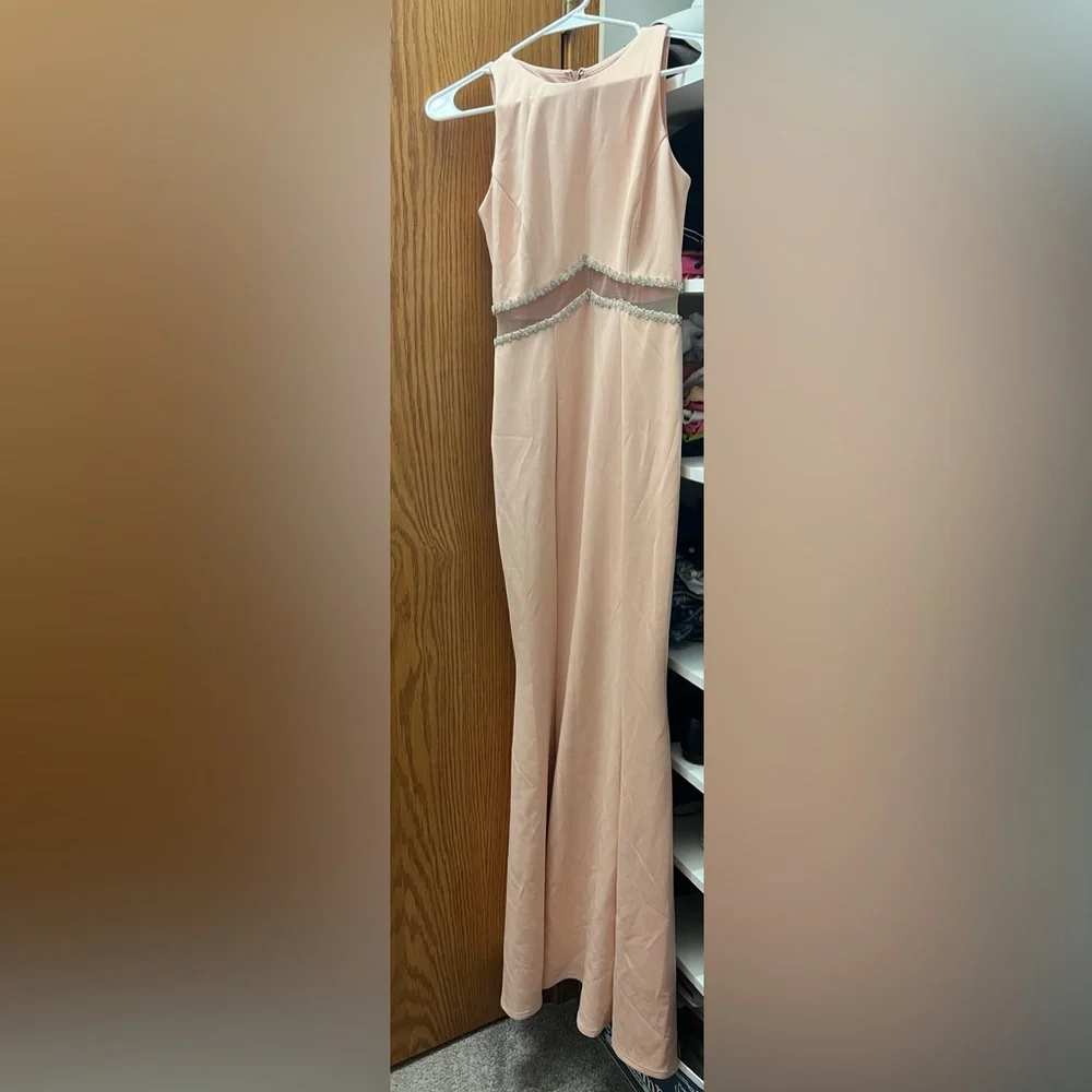 Aqua Dress Pastel Pink Formal Gown with Rhinestone Waist - Picture 3 of 6